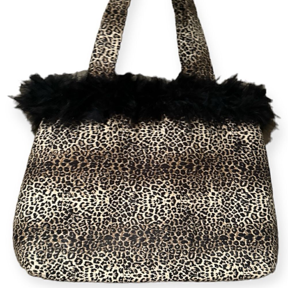 Leopard Print Tote Bag Purse Small Faix Fur Shoulder Bag Feather Fringe